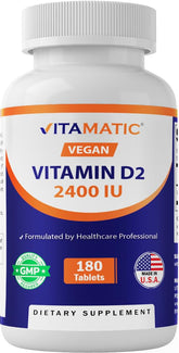 Bouteille Vitamatic Vitamine D2 2400iu, emballage clair et pratique.