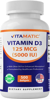 Vitamine D3 Vitamatic : bouteille vue de face, absorption accrue grâce à l'huile d'olive.