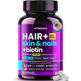 Vitamax: bouteille de gélules Biotine et Collagène pour cheveux plus épais.