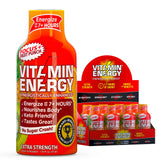 Vitamin Energy Focus+ Shot goût punch aux fruits, bouteille ouverte prête à l'emploi et énergie durable.