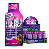 Vitamin Energy Immune+ Shot raisin en bouteille, énergie durable et focus possible.