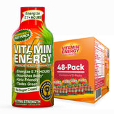 Vitamin Energy Shot goût fruits et baies en bouteille, énergie rapide.
