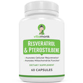 VitaMonk Resveratrol Pterostilbene – bouteille élégante, soutien potentiel à l’énergie cellulaire.