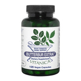 Vitanica Butterbur Extra sur une bouteille, présentation claire et naturelle.