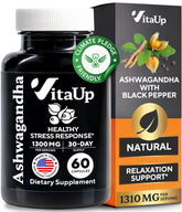 VitaUp Ashwagandha capsules 1310mg avec poivre noir pour absorption améliorée et énergie stable.