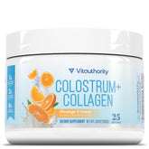 Vitauthority Colostrum-Collagen Poudre HydroPeach dans une bouteille orange, goût agréable.