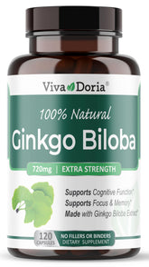 Viva Doria Ginkgo Biloba, bouteille 720 mg, soutien potentiel à la concentration.