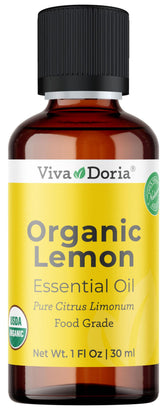 Huile citron Viva Doria dans bouteille ambree, pratique pour aromatherapie.