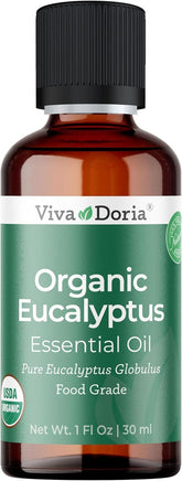 Huile essentielle Viva Doria Eucalyptus dans une bouteille, pure et certifiée biologique.