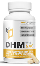 Bouteille WELESSENTIALS DHM NAC montrant le flacon et les retours potentiels pour le foie et l'hydratation