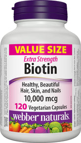 Webber Naturals Biotine Extra Fort 10000 mcg, bouteille, soutient cheveux et ongles forts.