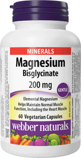 Webber Naturals Magnésium Bisglycinate 200 mg capsules, soutien musculaire et cardiaque.