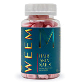 Gomme WEEM cheveux peau ongles, bouteille visible, soutien quotidien potentiel.