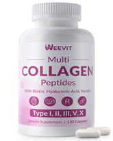 Weevit Collagen Peptides bouteille visible, peau éclatante et hydratée.