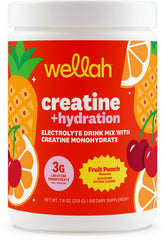 Wellah Creatine + Hydration Fruit Punch, bouteille ouverte, soutient l énergie lors des entraînements.