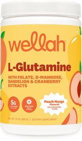 Wellah L-Glutamine Peach Mango dans la bouteille, routine quotidienne pratique.