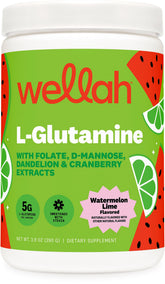 Wellah L-Glutamine Poudre Pastèque-Citron Vert bouteille, mélange fruité et pratique.
