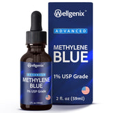 Wellgenix Gouttes Bleu de Méthylène : bouteille ambrée et pipette-verre pour un dosage précis