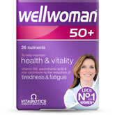 Wellwoman 50+ – vue de la boîte de comprimés pour la vitalité quotidienne.