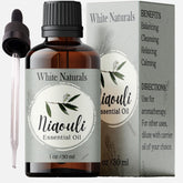 White Naturals Organic Niaouli, bouteille ambrée avec dropper pour diffusion rafraîchissante.