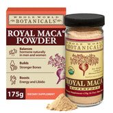 Royal Maca Poudre de Whole World Botanicals, emballage pratique prêt à ranger.