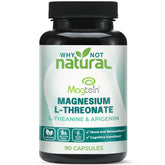 Why Not Natural Magtein, capsules près d'un verre, soutien potentiel mémoire et apprentissage.