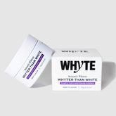 WHYTE poudre blancheur dents professionnelle avec bocal, sourire plus clair après utilisation.