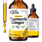Wild & Organic Gouttes Curcuma Gingembre : bouteille ouverte prête à l'emploi, soutien potentiel des articulations.