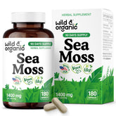 Wild & Organic Sea Moss Capsules bouteille visible, soutien potentiel au bien-être général.