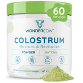 WonderCow Colostrum poudre: bouteille avec étiquette, soutien immunitaire potentiel et énergie naturelle.