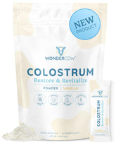 WonderCow Colostrum en poudre dans flacon vanille, soutien immunitaire potentiel et santé intestinale.
