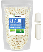 Capsules vides XPRS Nutra taille 0 dans une bouteille transparente, prête au remplissage.