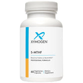 XYMOGEN 5-MTHF, bouteille affichant le folate bioactif Quatrefolic, soutien potentiel du métabolisme.