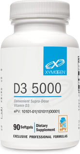 Xymogen D3 5000: bouteille de gélules, soutien potentiel à la santé immunitaire.