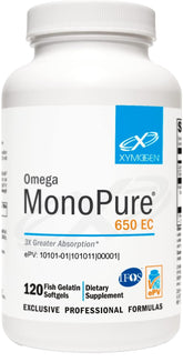 Xymogen Omega MonoPure 650 EC, bouteille saine, soutien potentiel du cœur et du cerveau.