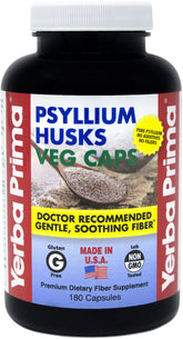 Yerba Prima Psyllium Husks, emballage 180 capsules, pratique pour votre routine de fibre quotidienne.