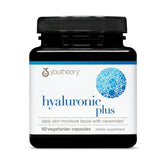 Flacon Youtheory Hyaluronic Plus et étiquette; hydratation quotidienne pour la peau.