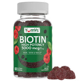Gommes YumVs Biotine, bouteille framboise, soutien potentiel cheveux forts et peau radieuse