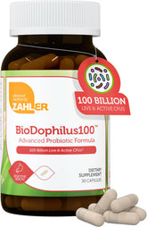 BioDophilus100 Zahler : bouteille montrant 100 milliards CFU pour équilibre digestif durable