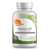 Bouteille Zahler Vitamine D3 10 000 UI, présentation et bouchon visibles, soutien quotidien.