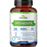 Gros plan sur la bouteille Zazzee Myo-Inositol, dose 2000 mg pour un éventuel soutien hormonal.