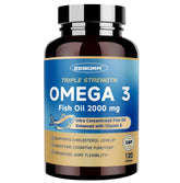 Bouteille ZEBORA Omega-3 triple-strength, soutient cœur et cerveau.