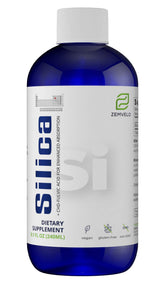 Zemvelo Silice Liquide: bouteille sur fond blanc, soutien potentiel cheveux et peau.