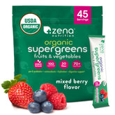 Zena Nutrition Poudre Supergreens, bouteille et verre, énergie et vitalité au quotidien.