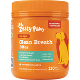 Zesty Paws Clean Breath Bites menthe, boîte 120 comprimés, routine d'haleine fraîche pour chiens.