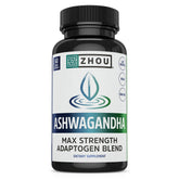 Zhou Nutrition Ashwagandha: bouteille montrant les capsules pour énergie naturelle.
