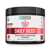 Poudre rouge biologique Zhou dans une bouteille-doseur pour un apport antioxydant quotidien.