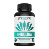 Tablettes Zhou Spiruline dans la bouteille, apport nutritionnel quotidien et énergie naturelle.