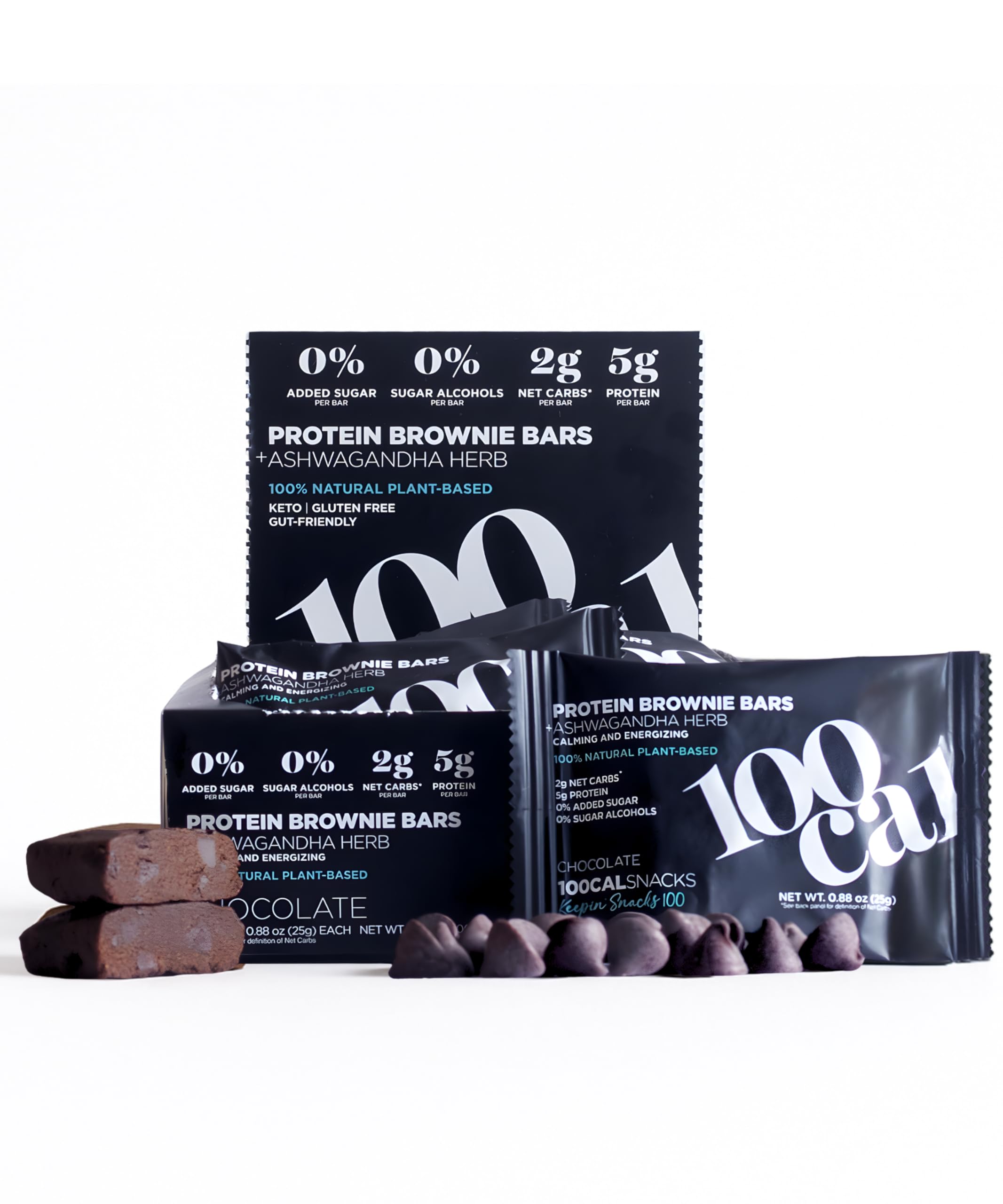 Barre 100Cal protéine chocolat brownie emballage attrayant pour collation légère.