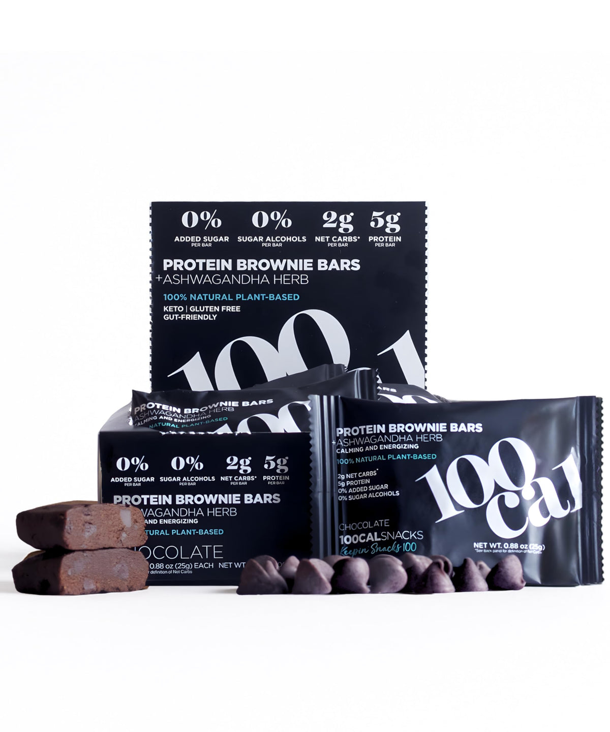 Barre 100Cal protéine chocolat brownie emballage attrayant pour collation légère.